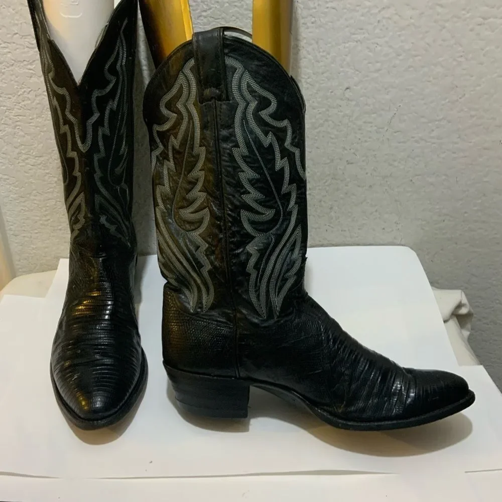Justin Lizard Skin Leather Cowboy Western Boots Men's 9.5 D Black USA 8313